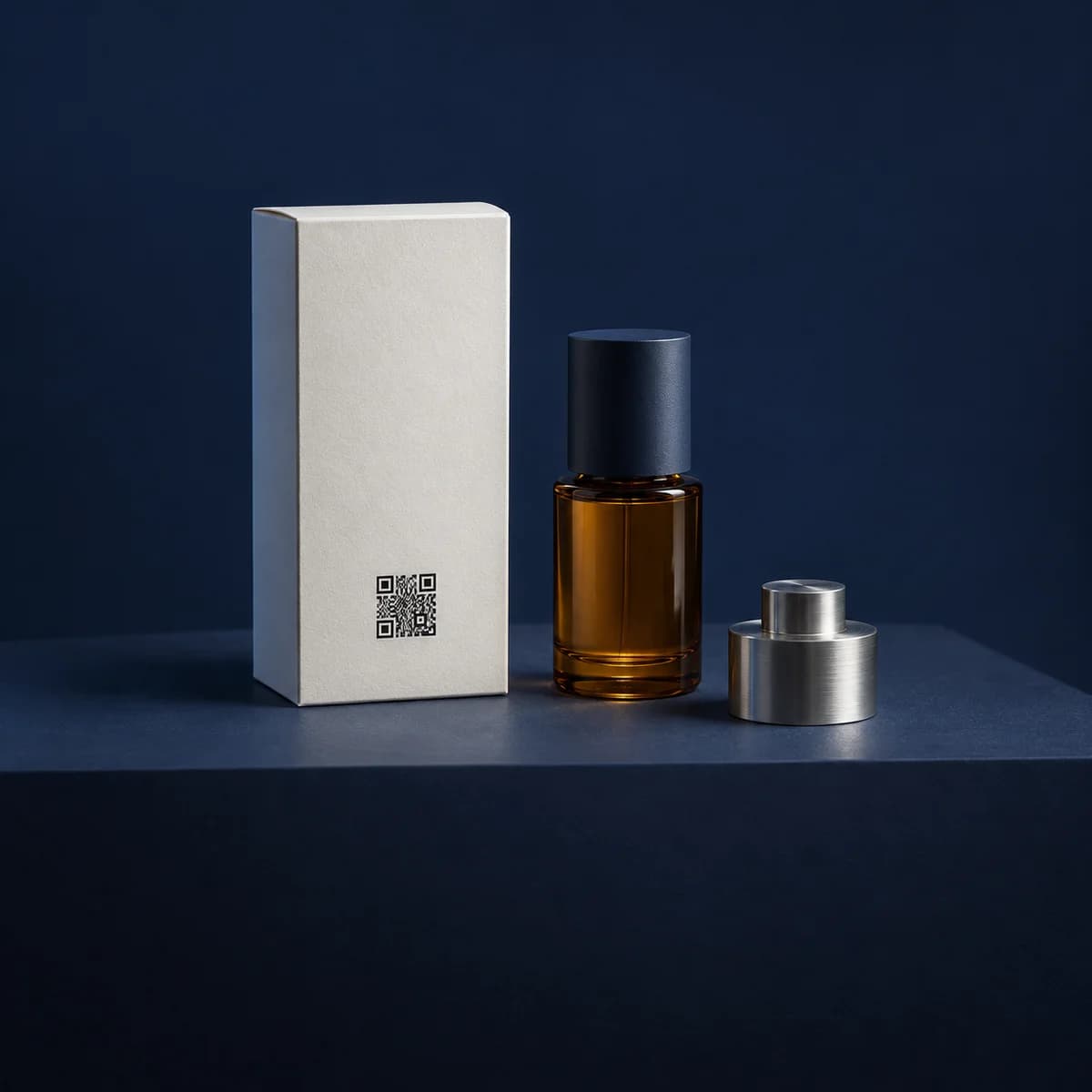An ivory product carton with a QR label, an amber bottle and a precision metal part on a navy plinth